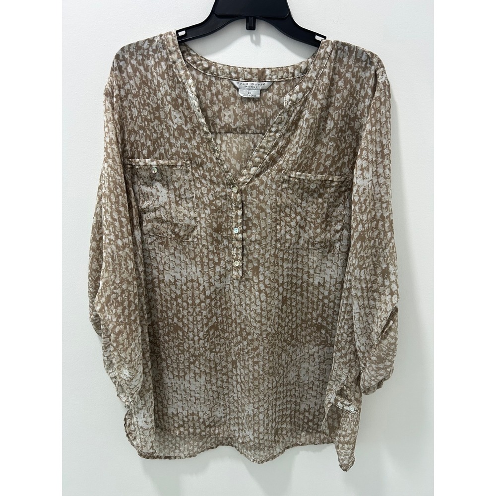 Fred David Woman Tan White Abstract Print Roll Tab Sleeve Blouse 2X M2W028BC